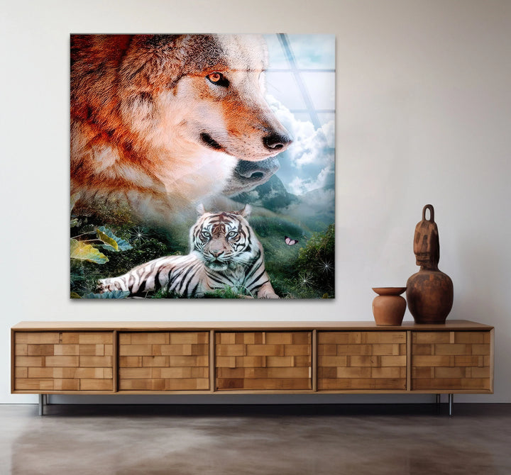 Wolf and White Tiger Wall Art – Majestic Animal Duo Nature Glass Print for Bold Decor - MyPhotoStation