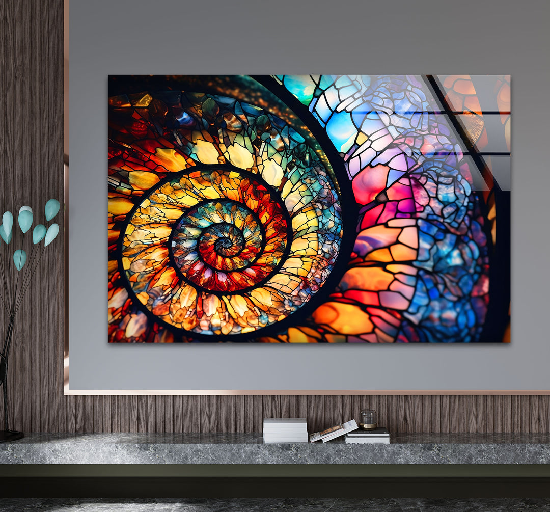 Spiralförmige Wandkunst aus Buntglas – Lebendiges Nautilusmuschel-Design 