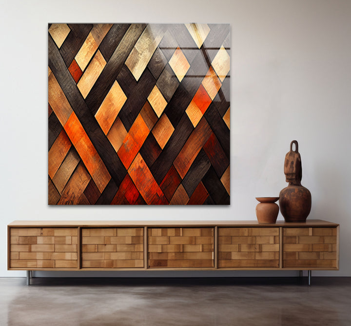 Rustic Wood Pattern Glass Wall Art – Geometric Wooden Texture Design
