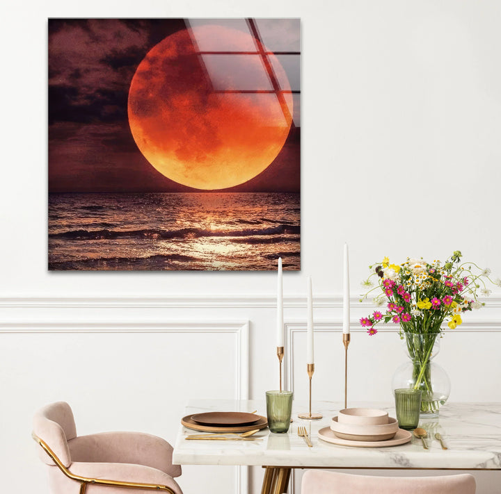 Red Moon Over Ocean Glass Wall Art – Dramatic Lunar Seascape Print for Bold Modern Decor - MyPhotoStation