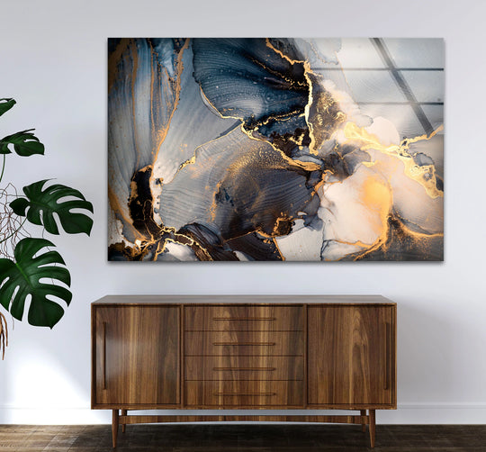 Luxurious art from glass featuring a shimmering, reflective finish in swirling navy, grey, and opulent gold tones.