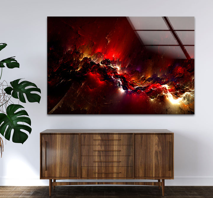 Crimson Nebula Wall Art – Fiery Red Abstract Galaxy Glass Print
