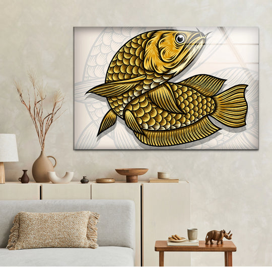 Close-up of shimmering golden fish scales on glass art, bringing artistic flair to ocean-inspired decor.