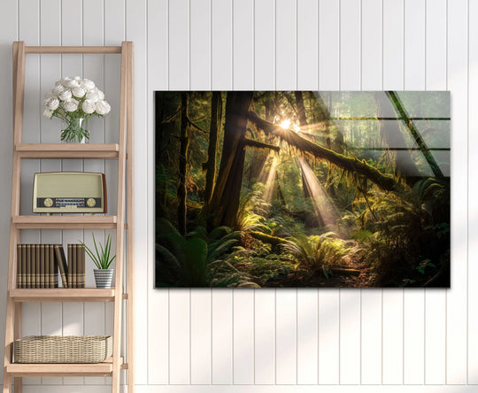 Reflections on the glass surface texture enhance the beauty of this forest sunlight jungle glass wall art, offering a captivating sheen as one of the best glass art choices.