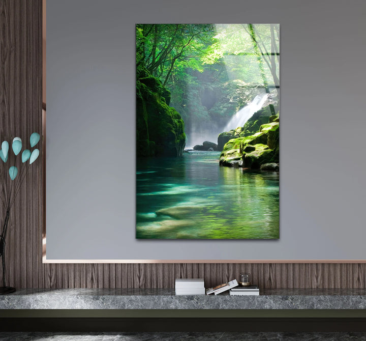 Tranquil Forest Waterfall Wall Art – Serene Nature Glass Print for Zen-Inspired Decor - MyPhotoStation