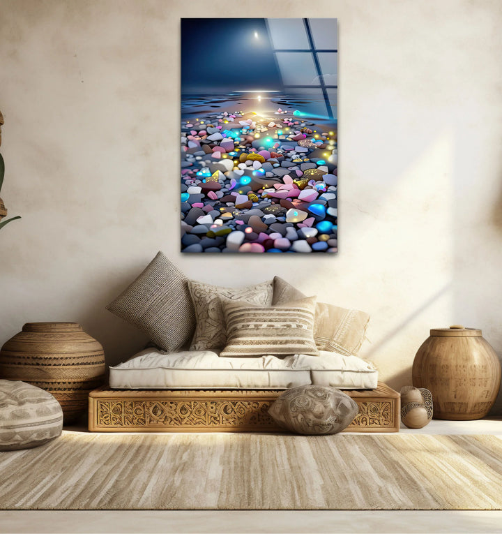 Colorful Pebble Beach at Sunset – Dreamy Ocean Glass Wall Art for Modern Decor - MyPhotoStation