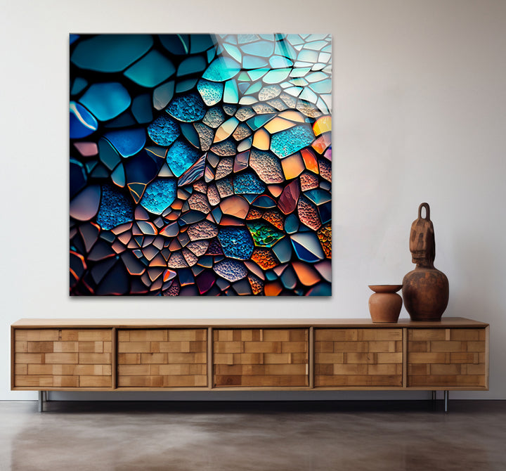 Strukturierte Mosaik-Glaswandkunst – Farbpalette des tiefen Ozeans, abstraktes steinähnliches Design 