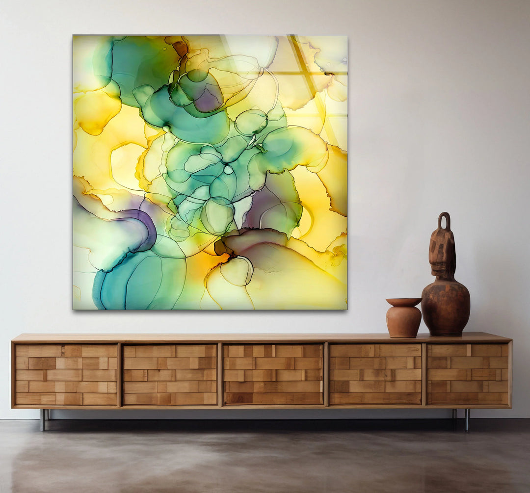 Yellow Green Abstract Wall Art – Modern Glass Print for Bright Interiors - MyPhotoStation