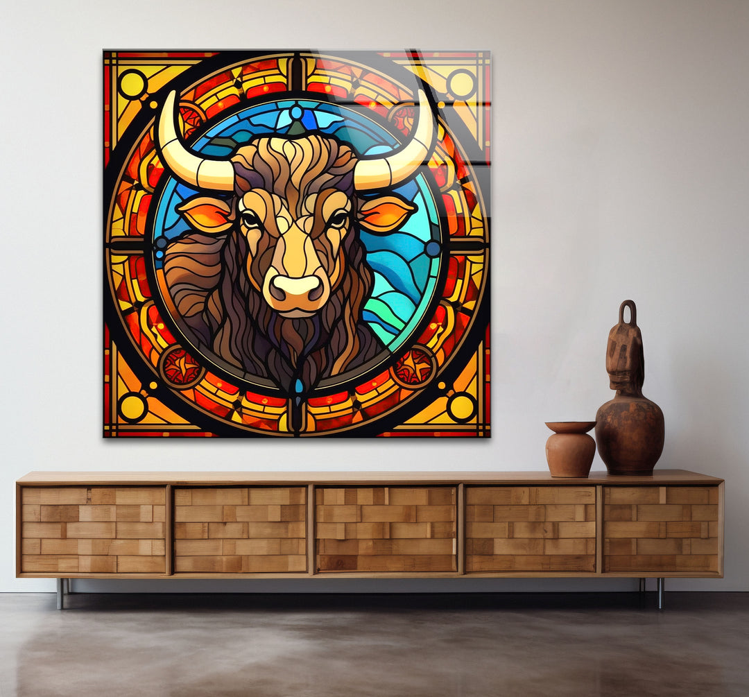 Wanddekoration mit Stier aus Buntglas – Rustikales Dekor, modernes Tierdesign 