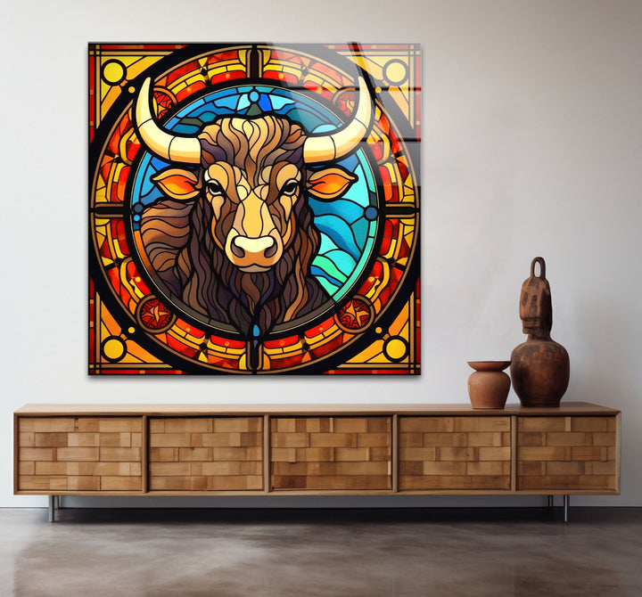 Wanddekoration mit Stier aus Buntglas – Rustikales Dekor, modernes Tierdesign 