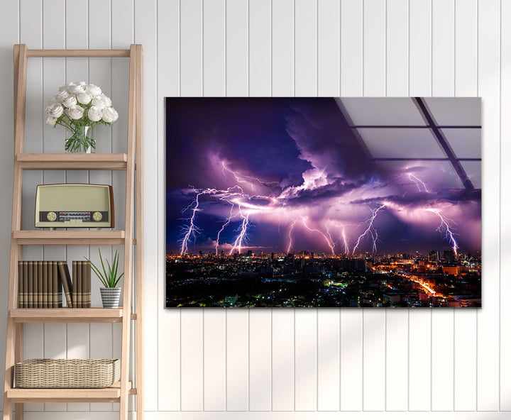 Purple Lightning Storm Over Cityscape – Dramatic Night Sky Glass Wall Art