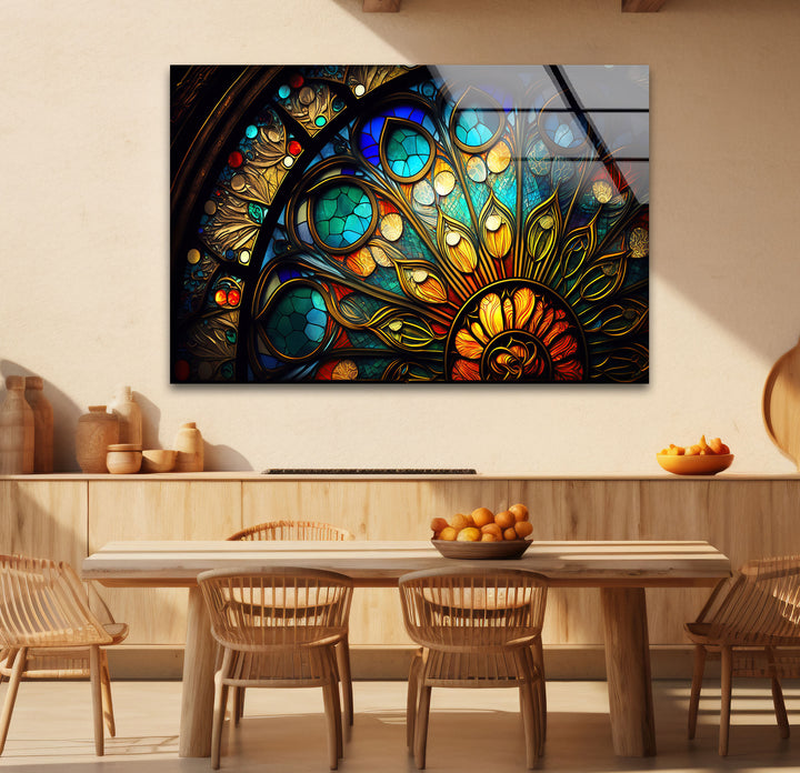 Buntglasfensterkunst – Elegantes gotisches Rosettenfenster-Design