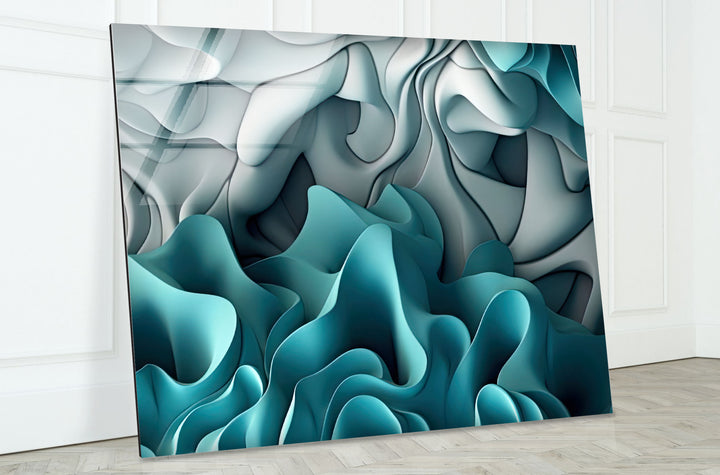 Aqua Dreamscape Wandkunst – Blaugrüner und grauer abstrakter Glasdruck 