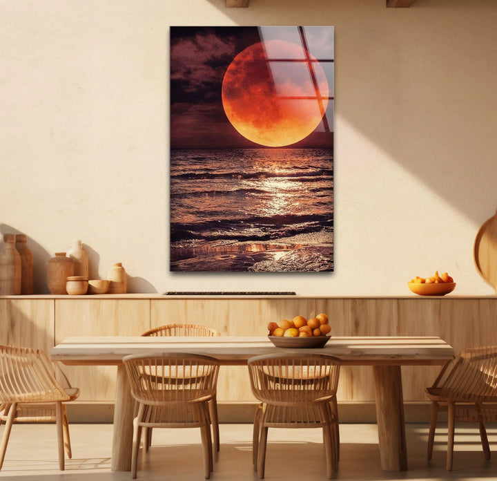 Red Moon Over Ocean Glass Wall Art – Dramatic Lunar Seascape Print for Bold Modern Decor - MyPhotoStation