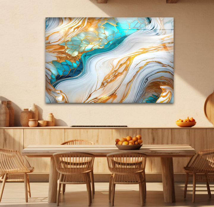 Luxuriöse Wandkunst aus goldenem und türkisfarbenem Marmor – Abstraktes, fließendes Design für moderne Innenräume