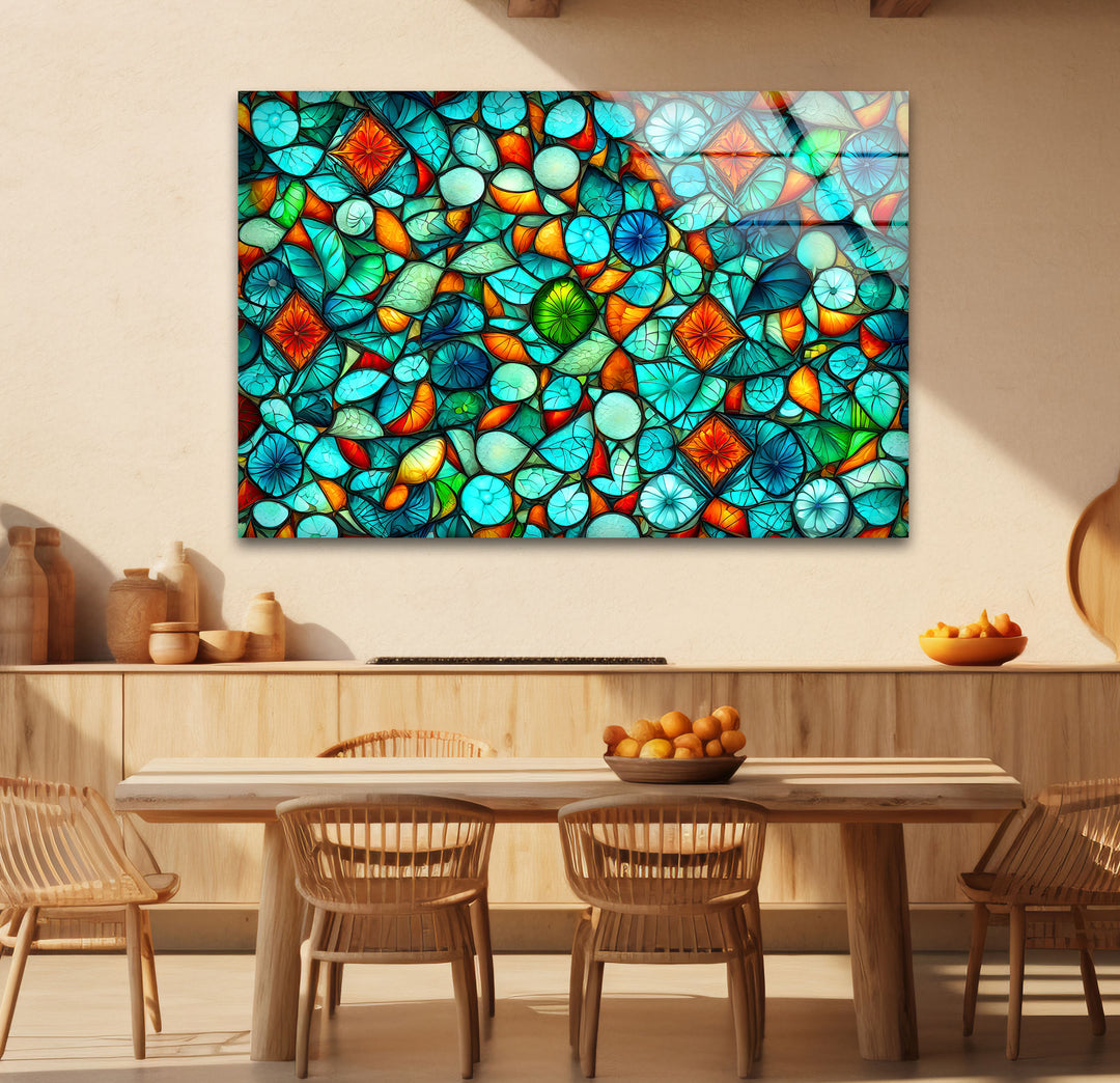 Lebendige Buntglas-Wandkunst – Abstraktes Mosaikmuster in Türkis und Orange