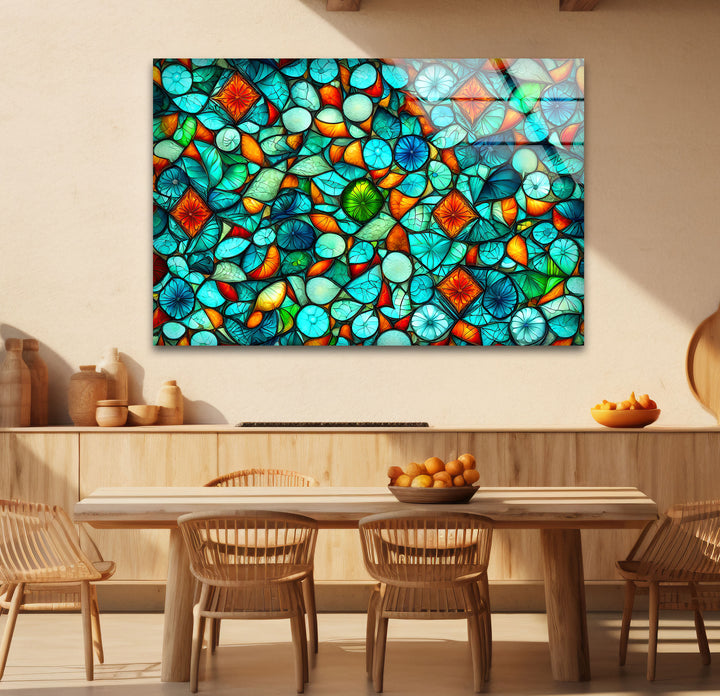 Lebendige Buntglas-Wandkunst – Abstraktes Mosaikmuster in Türkis und Orange
