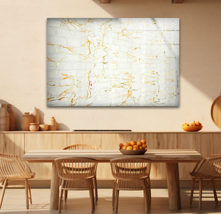 White Marble Texture Glass Wall Art with Gold Veins – Modern Minimalist Decor