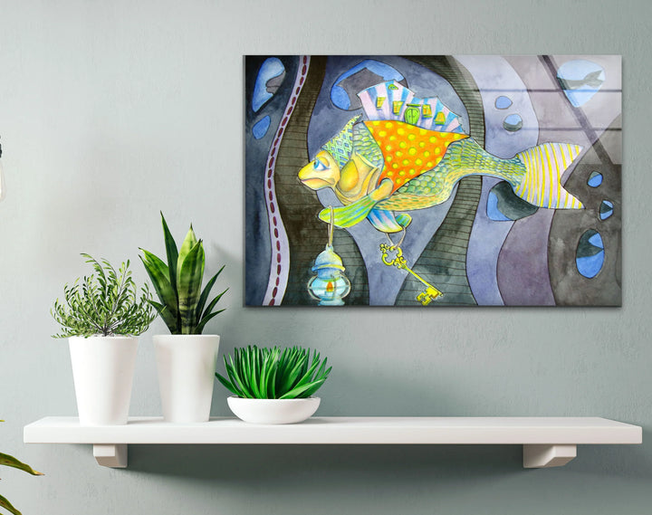 Surreal Fantasy Fish Wall Art – Whimsical Glass Print with Key & Lantern - MyPhotoStation
