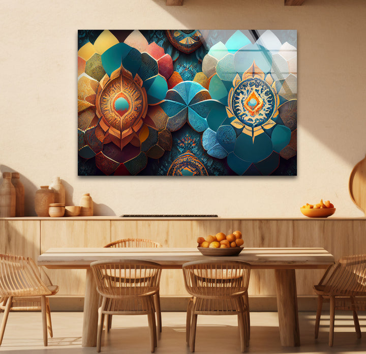 Luxuriöse Mandala-Wandkunst aus Glas – Abstraktes geometrisches Blumendesign