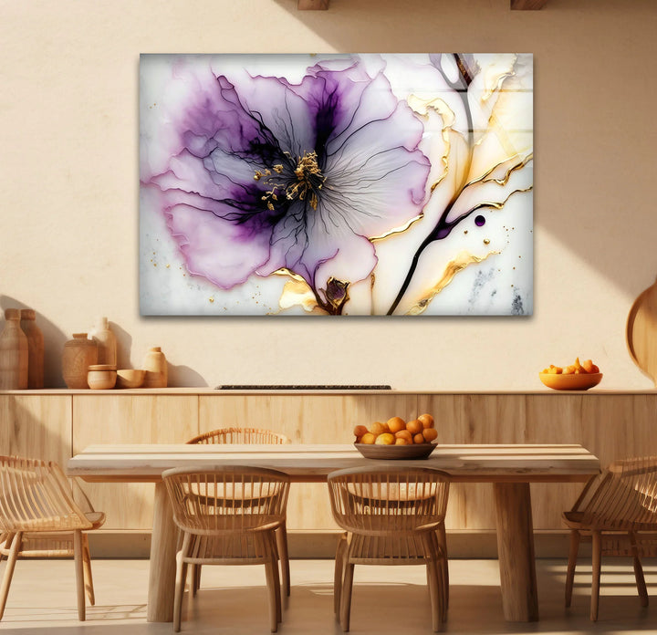 Purple and Gold Abstract Floral Wall Art – Luxury Glass Print for Elegant Interiors - MyPhotoStation