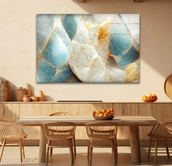 Blue White Marble Wall Art – Elegant Stone Glass Print with Gold Veining for Modern Luxury Interior Decor - MyPhotoStation