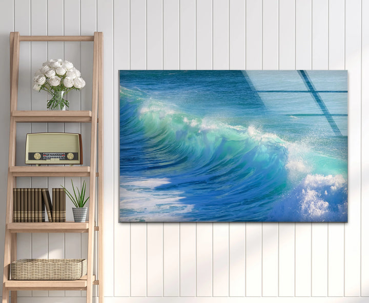 Crystal Blue Ocean Wave Wall Art – Tempered Glass Surf Seascape Print - MyPhotoStation