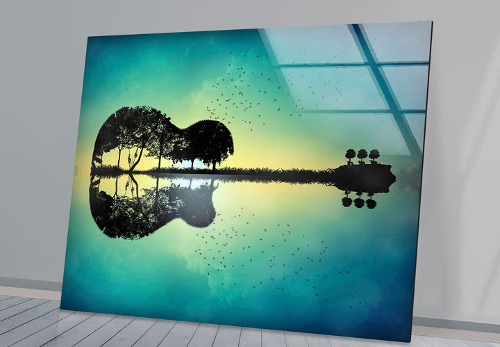 Surreal Guitar Island Wall Art – Nature and Music Landscape Glass Print