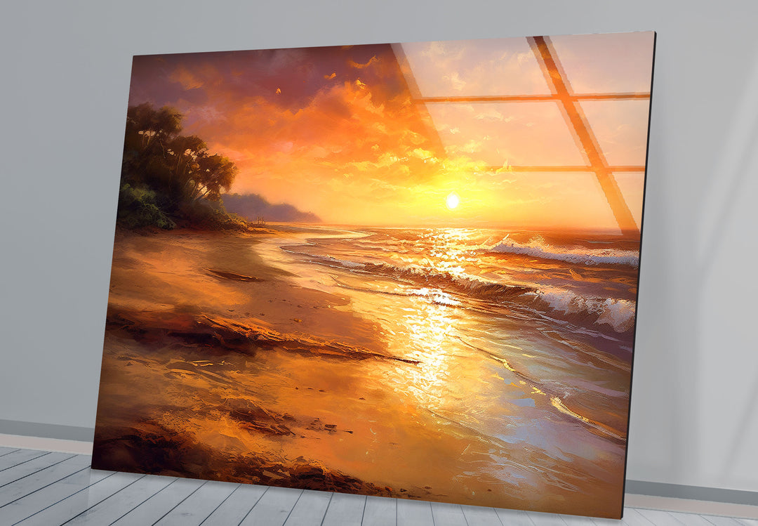 Golden Beach Sunset Wall Art – Tranquil Ocean Shoreline Print on Glass