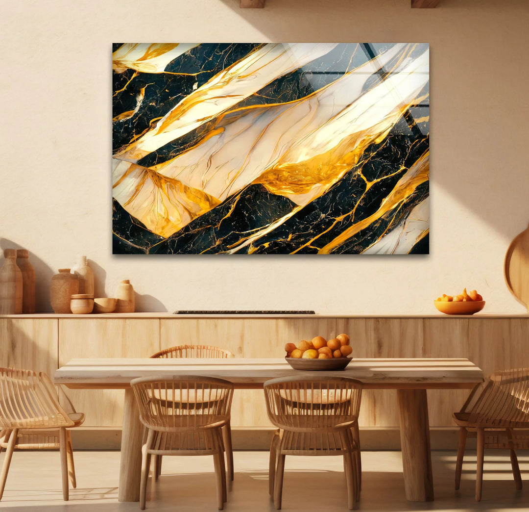 Luxury Black Marble Glass Wall Art with Gold and White Fluid Veins – Modern Abstract Decor - MyPhotoStation