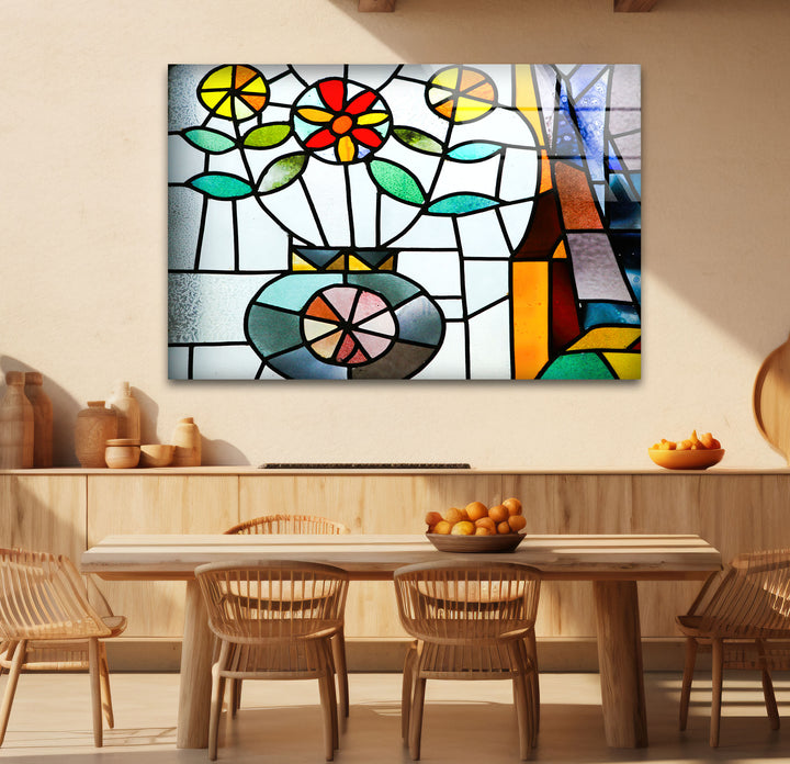 Floral Stained Glass Wall Art – Colorful Flower Vase Mosaic Panel