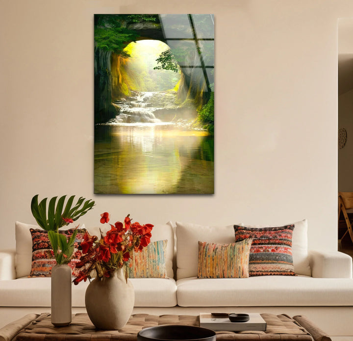 Sunlit Forest Cave Waterfall Glass Wall Art – Serene Nature Landscape Print - MyPhotoStation
