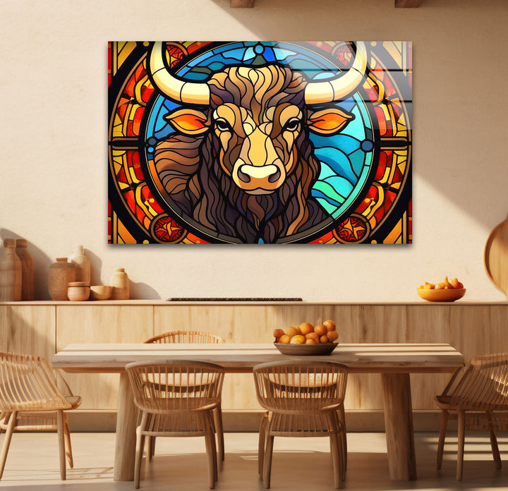 Wanddekoration mit Stier aus Buntglas – Rustikales Dekor, modernes Tierdesign 