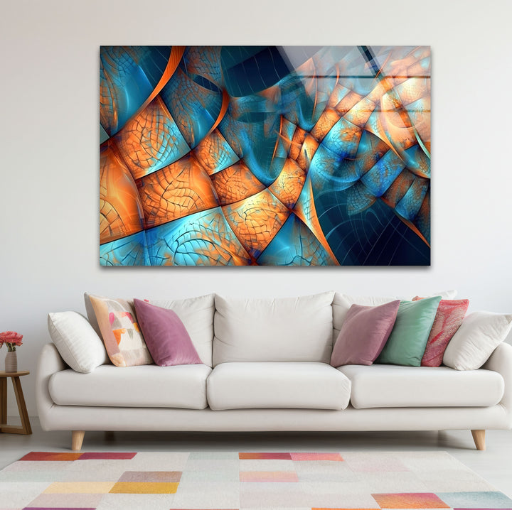 Fraktale Wellen-Glaswandkunst – Blaues und oranges abstraktes Flussdesign für moderne Räume 