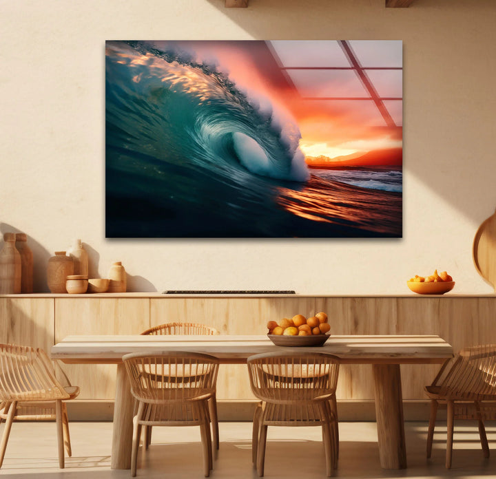 Sunset Barrel Wave Wall Art – Ocean Wave Glass Print for Coastal Home Decor - MyPhotoStation