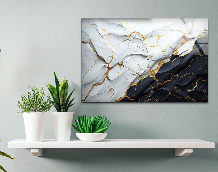 Elegant Cracked Marble Wall Art – Black White Gold Abstract Glass Print