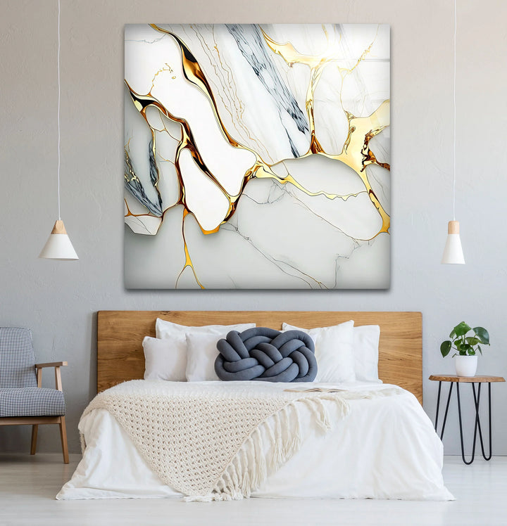 Gold Vein Marble Wall Art – Elegant White Glass Print with Metallic Cracks for Modern Luxe Interior Decor - MyPhotoStation