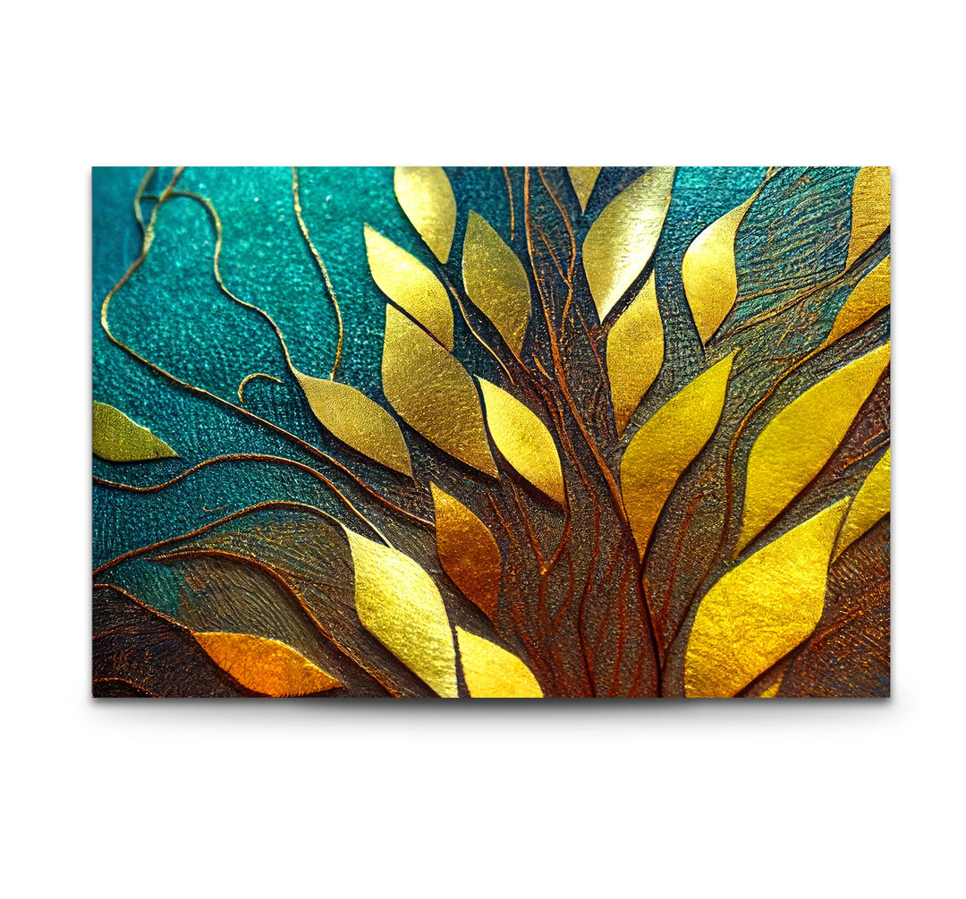 Golden Leaf Tree Glass Wall Art – Elegant Botanical Design with Teal & Amber Accents - MyPhotoStation