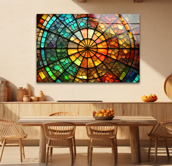 Radiant Wheel Mosaic Stained Glass Wall Art – Colorful Circular Window Decor