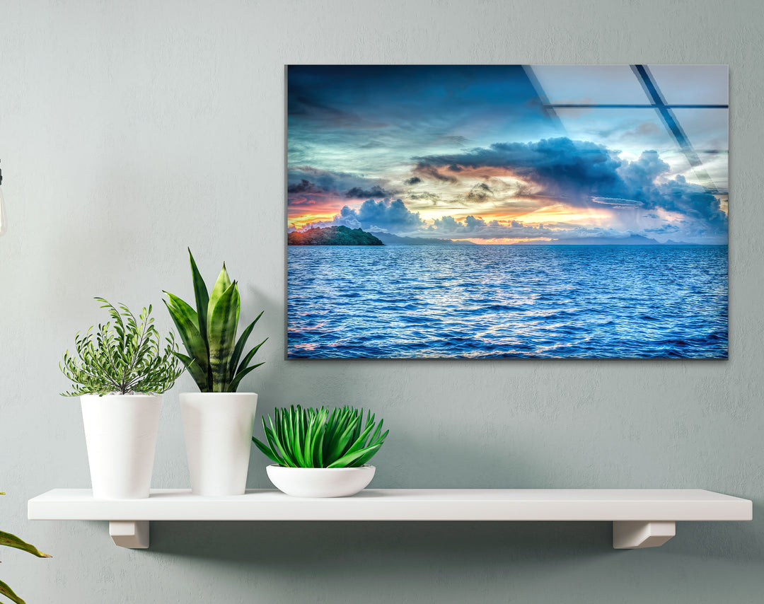 Tropical Sea Horizon Wall Art – Vibrant Ocean Sunset Glass Print for Modern Interiors