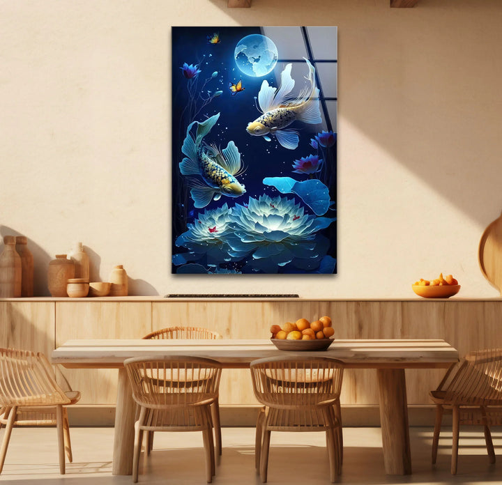 Moonlit Koi Fish and Lotus Wall Art – Tranquil Blue Glass Panel for Zen Decor