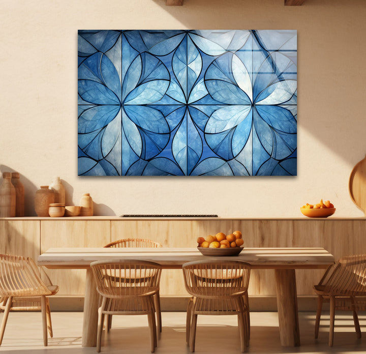 Blue Floral Geometric Wall Art – Modern Glass Panel with Elegant Petal Design
