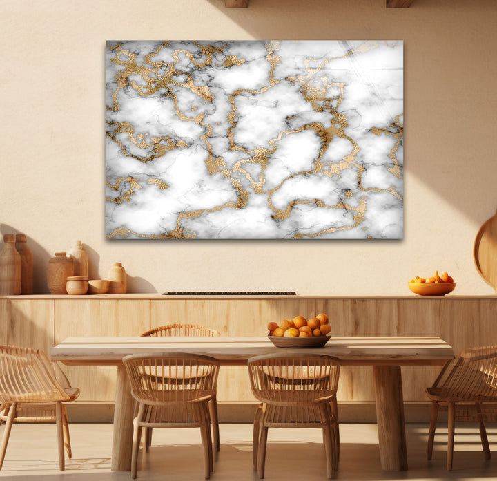 White Marble and Gold Wall Art – Elegant Abstract Glass Print with Luxe Metallic Veining for Glamorous and Modern Interiors