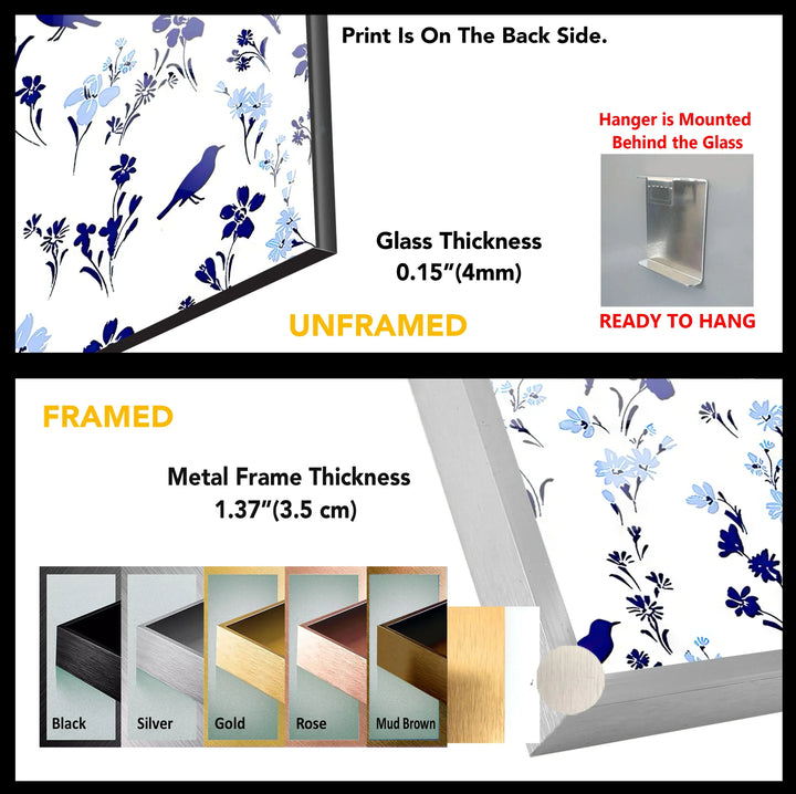Blue Bird and Wildflower Pattern Wall Art – Elegant Floral Glass Print for Nature Lovers - MyPhotoStation