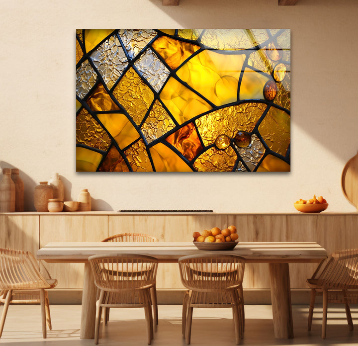 Goldene Buntglas-Wandkunst – Abstrakter strukturierter Glasdruck für Zuhause und Büro