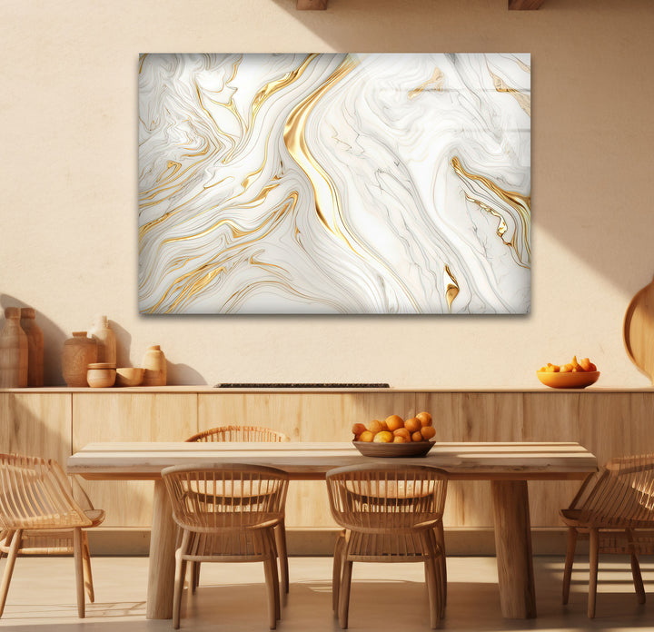 White & Gold Marble Glass Wall Art – Elegant Luxury Abstract Design