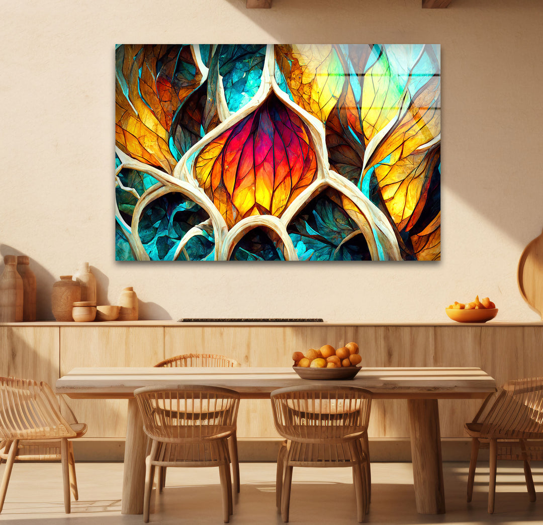 Von der Natur inspirierte Buntglas-Wandkunst – Abstraktes Blattdesign 