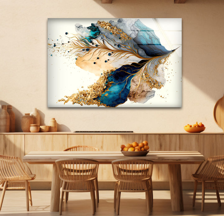 Abstrakte Glaswandkunst in Gold und Blau – Luxuriöses, modernes, fließendes Design