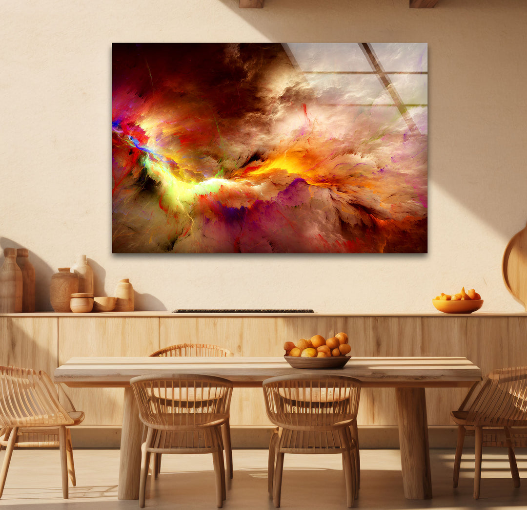 Fiery Nebula Explosion Wall Art – Abstract Cosmic Storm Glass Print Decor