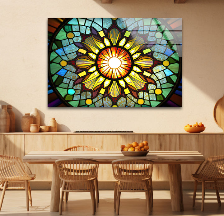 Strahlende Buntglas-Wandkunst mit Sonnenstrahlen – Buntes Mandala-Fensterpaneel 